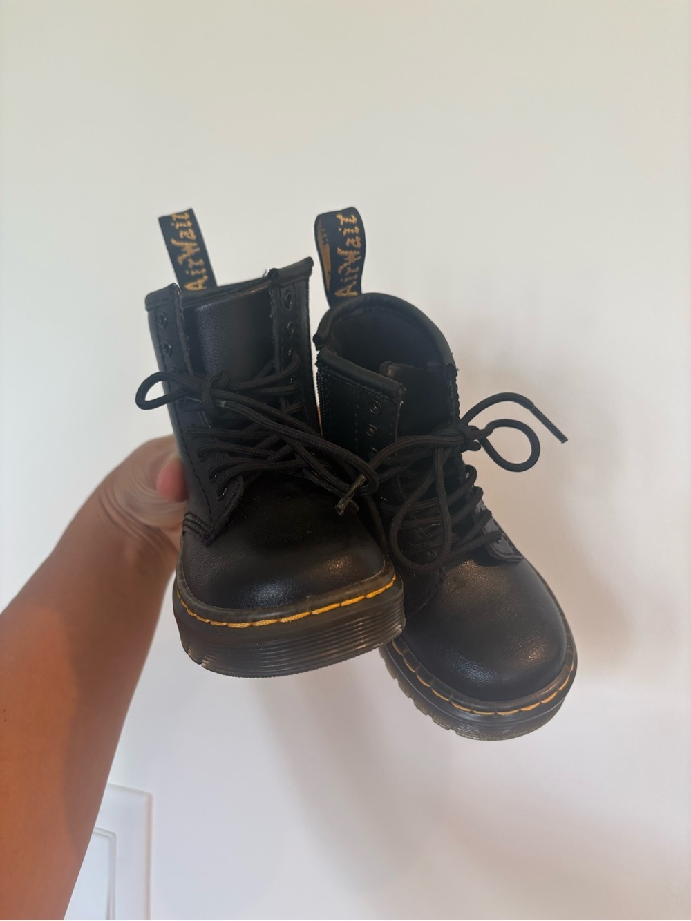 Dr. Martens Black Toddler Lace-Up Boots with Yellow Stitching, PRISTINE, 7T